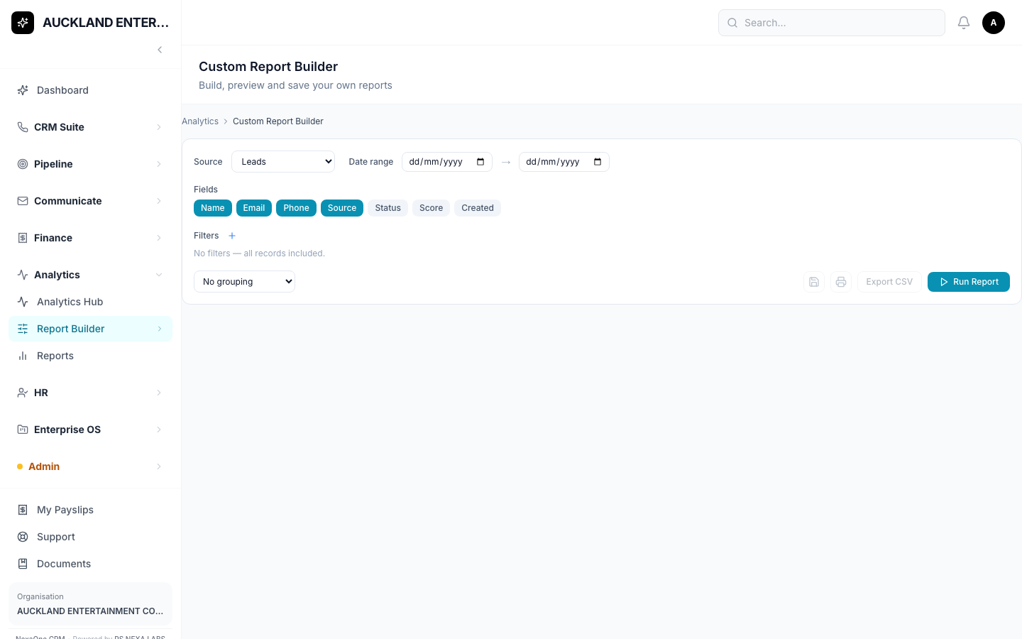 The Report Builder, showing source, fields, filters and grouping options