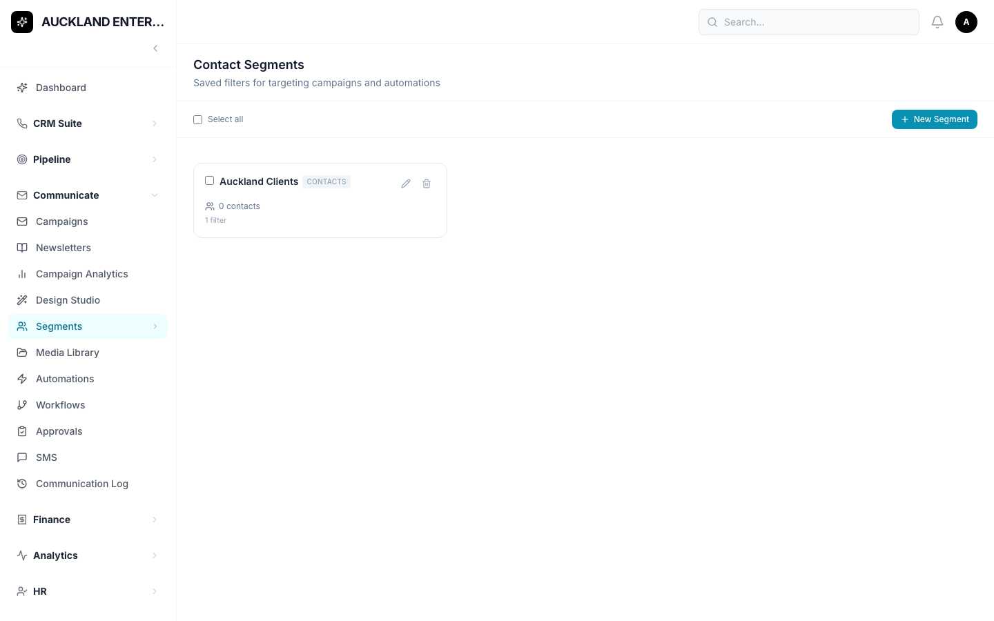 The Segments page, with a button to create a new saved list