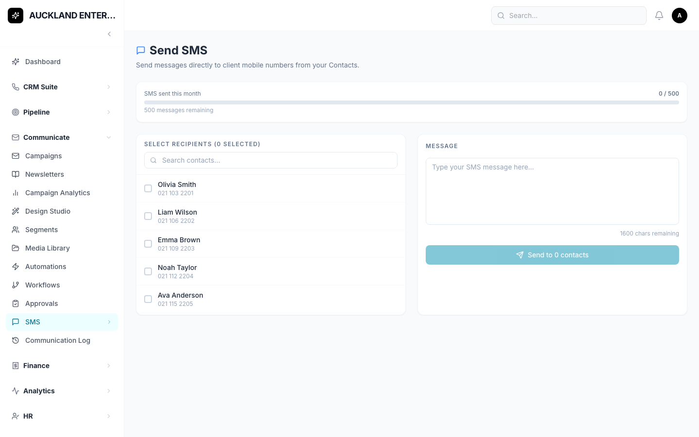 The Send SMS screen, showing contacts to pick from, a message box, and the monthly SMS limit