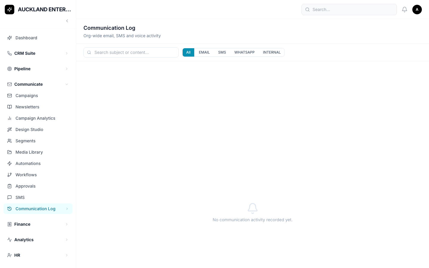 The Communication Log, with filters for Email, SMS, WhatsApp and Internal