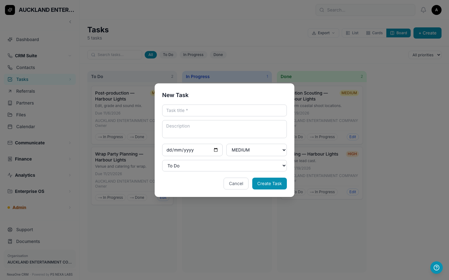 The New Task form