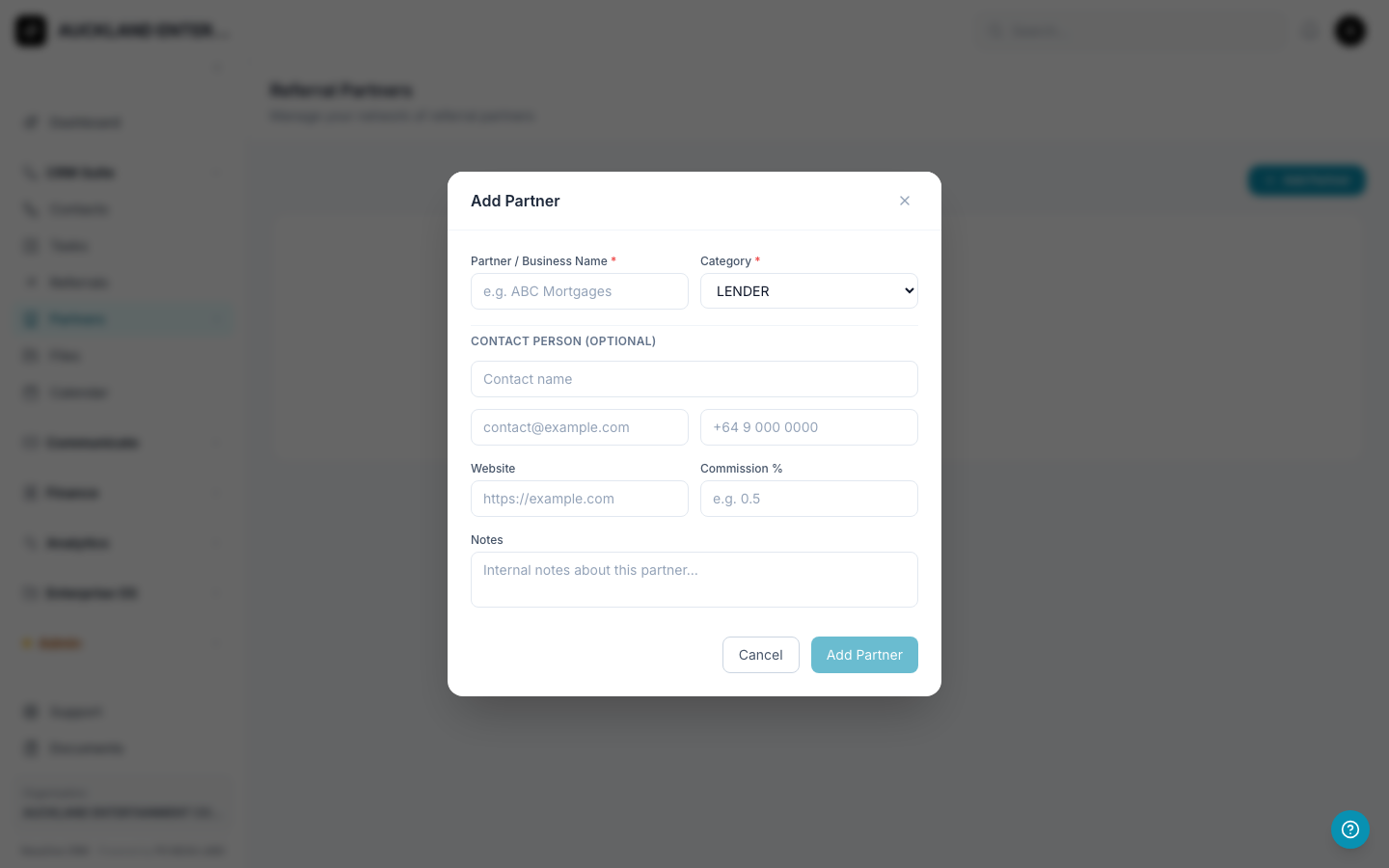 The Add Partner form