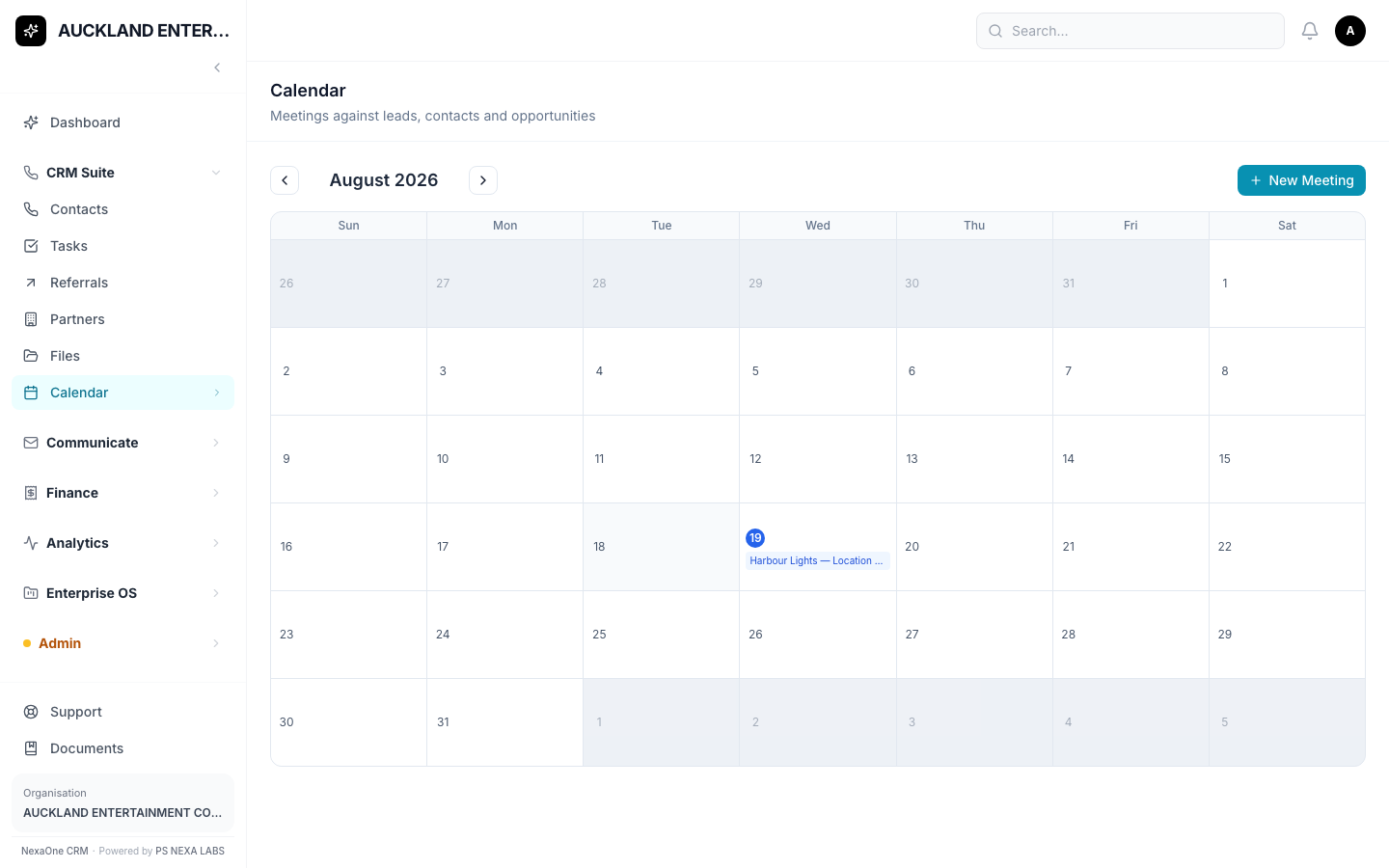 The Calendar screen showing a month view