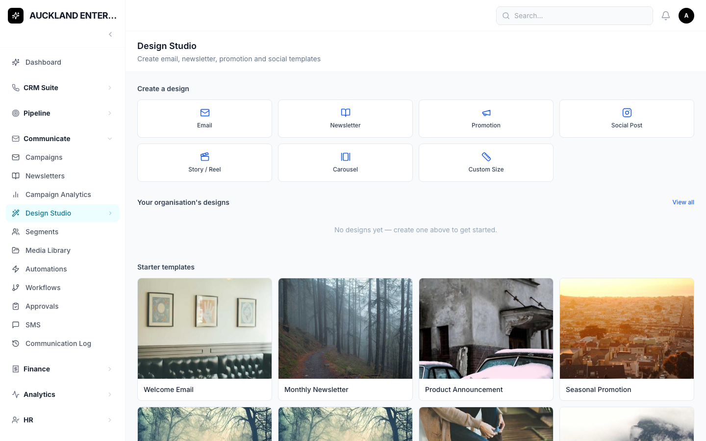 The Design Studio start screen, showing the design types you can create and a gallery of starter templates
