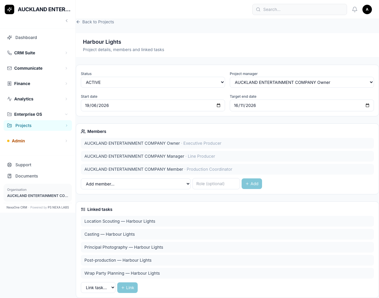 One production's page — Harbour Lights, with its team and its task list
