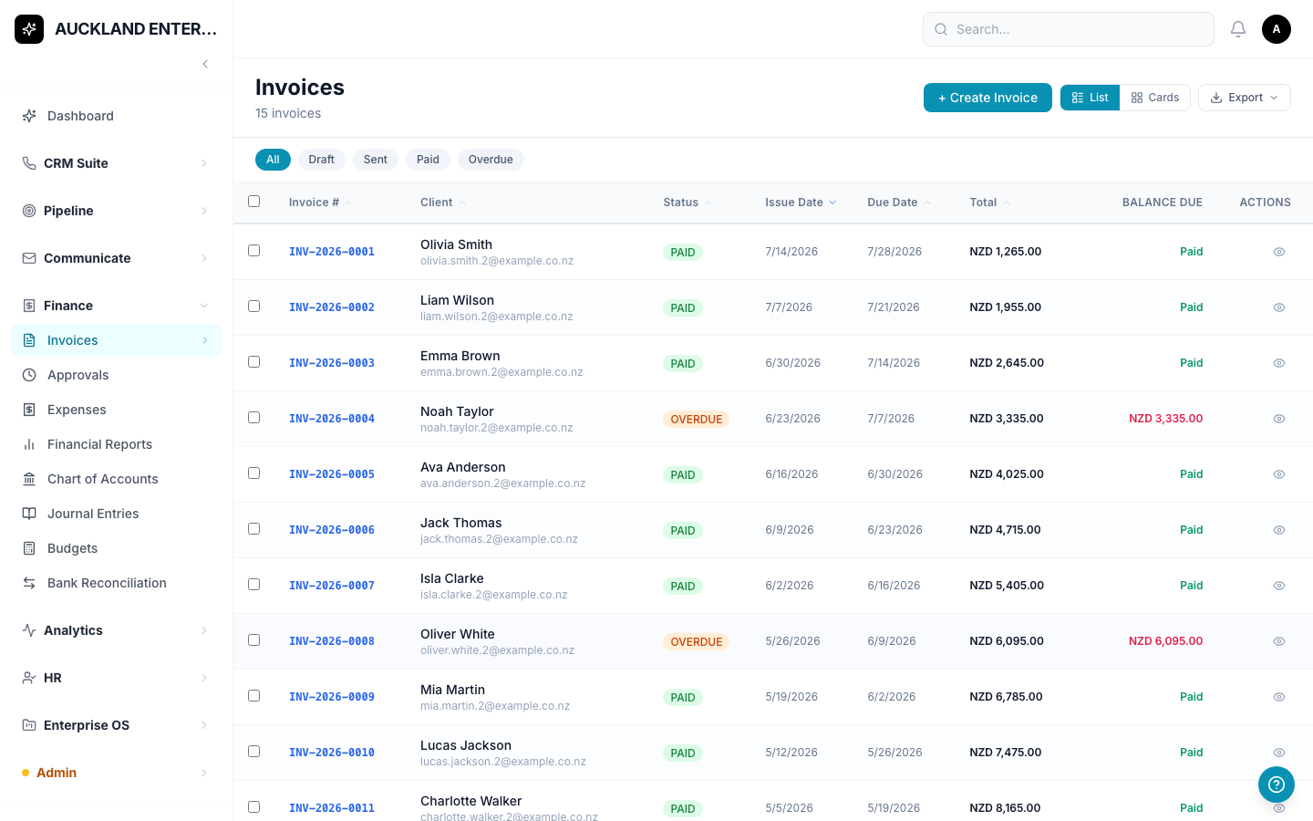 The Invoices list, showing each invoice's client, status, dates, total and balance due