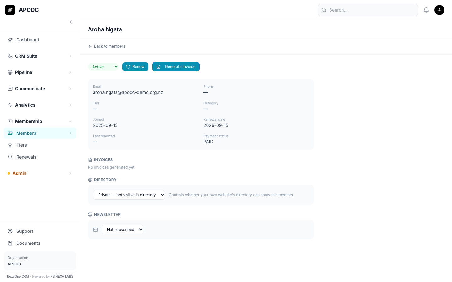 One member's full details, with Renew and Generate Invoice buttons