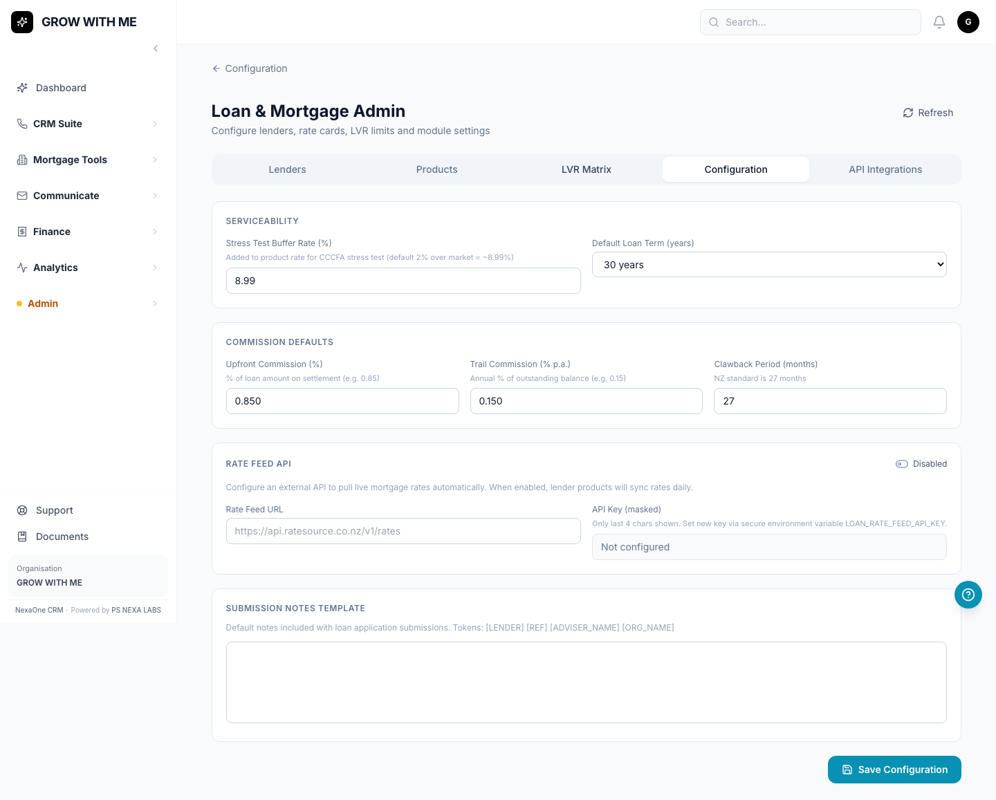 Loan Admin — Configuration tab, with your organisation's default settings