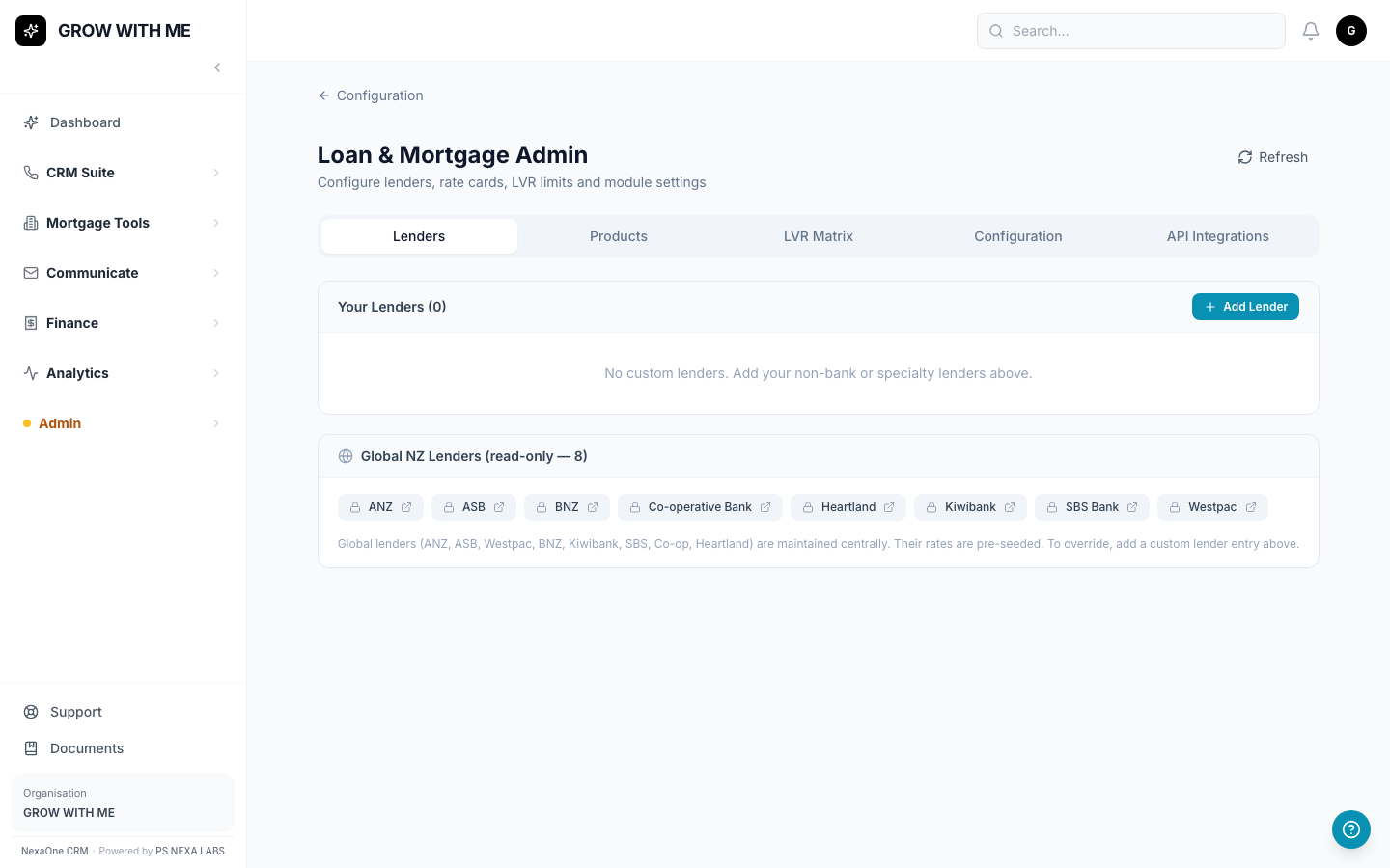 Loan Admin — Lenders tab